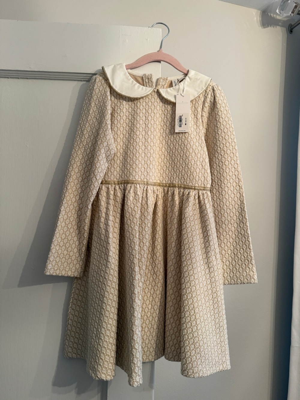 Janie and Jack Cream Textured Long-Sleeve Dress with White Peter Pan Collar